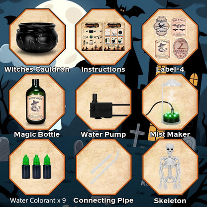 Nollapo Halloween 10" Schwimmender Zaubertrankkessel mit Nebelmaschine - Gruselige Hexenkessel-Dekoration zum Selbermachen mit 9 Farbflaschen (10")