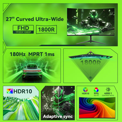 Raywego 27-Zoll-Curved-Gaming-Monitor, 180 Hz, Full HD 1080p, 1800R, FreeSync &amp; Eye-Care, Kontrastverhältnis 4000:1, unterstützt VESA, DP und HDMI für Gaming, Homeoffice