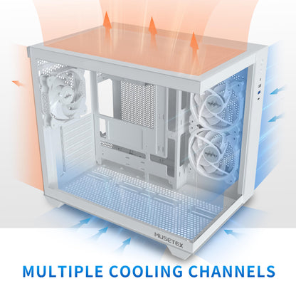 MUSETEX ATX-PC-Gehäuse, unterstützt 360-mm-Radiatoren, 3 x 120-mm-Lüfter (ohne ARGB) vorinstalliert, 270°-Sichtfenster aus gehärtetem Glas, USB-C-Anschluss, Midi-Tower-ATX-Gehäuse, Weiß, Y6