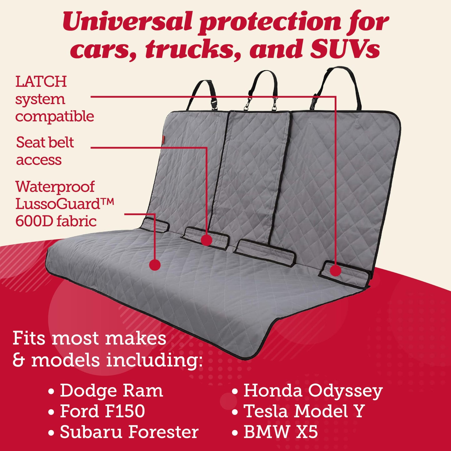 Lusso Gear Autositzbezug für Hunde – Wasserdichter, rutschfester Rücksitzschutz – Rücksitzbezug für Hunde – Universell passend für Limousinen, LKWs und SUVs – Kratzfester Rücksitzbezug – Maschinenwaschbar 