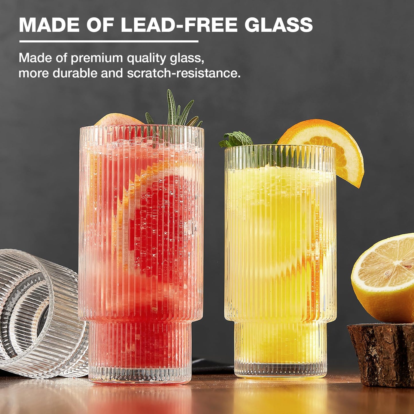 Qipecedm 6er-Pack gerippte Trinkgläser, 473 ml Vintage-Gläser, Highball-Gläser, Premium-Eiskaffeegläser, Klarglas-Tumbler, Cocktailgläser, elegante Gläser für Wasser, Saft, Whisky und Bier