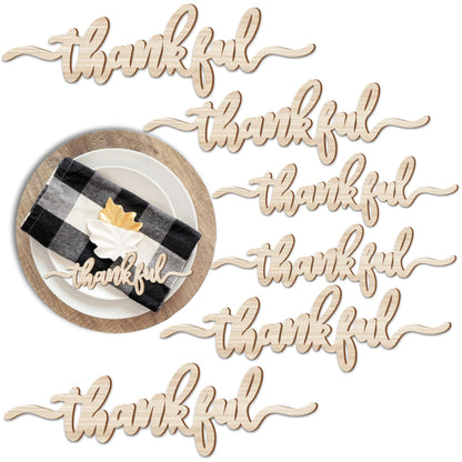 Thanksgiving Place Cards Blessed, Thankful, Grateful Wood Signs Fall Dining Table Plate Ornament Farmhouse Home Table Setting Decor 6 Pack (Thankful)