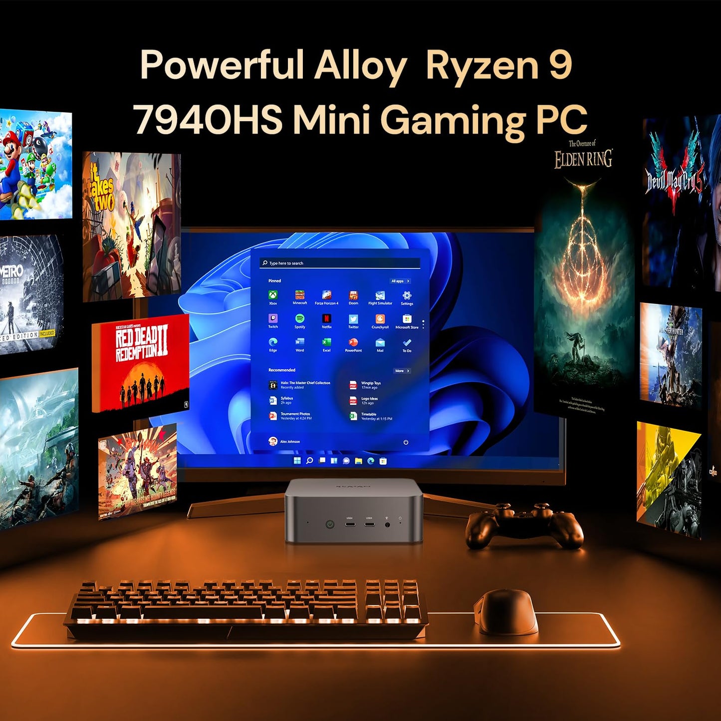 Reatan Mini-PC Gaming AI AMD Ryzen 9 7940HS 64 GB DDR5 2 TB (2 x 1 TB) NVMe SSD 5600 MHz RAM, Desktop-Mini-Computer, Radeon 780M Grafik, 2,5 Gbit/s LAN, USB 4.0, HDMI 2.1, 8K USB 4.0 Wi-Fi 6E/BT 5.3