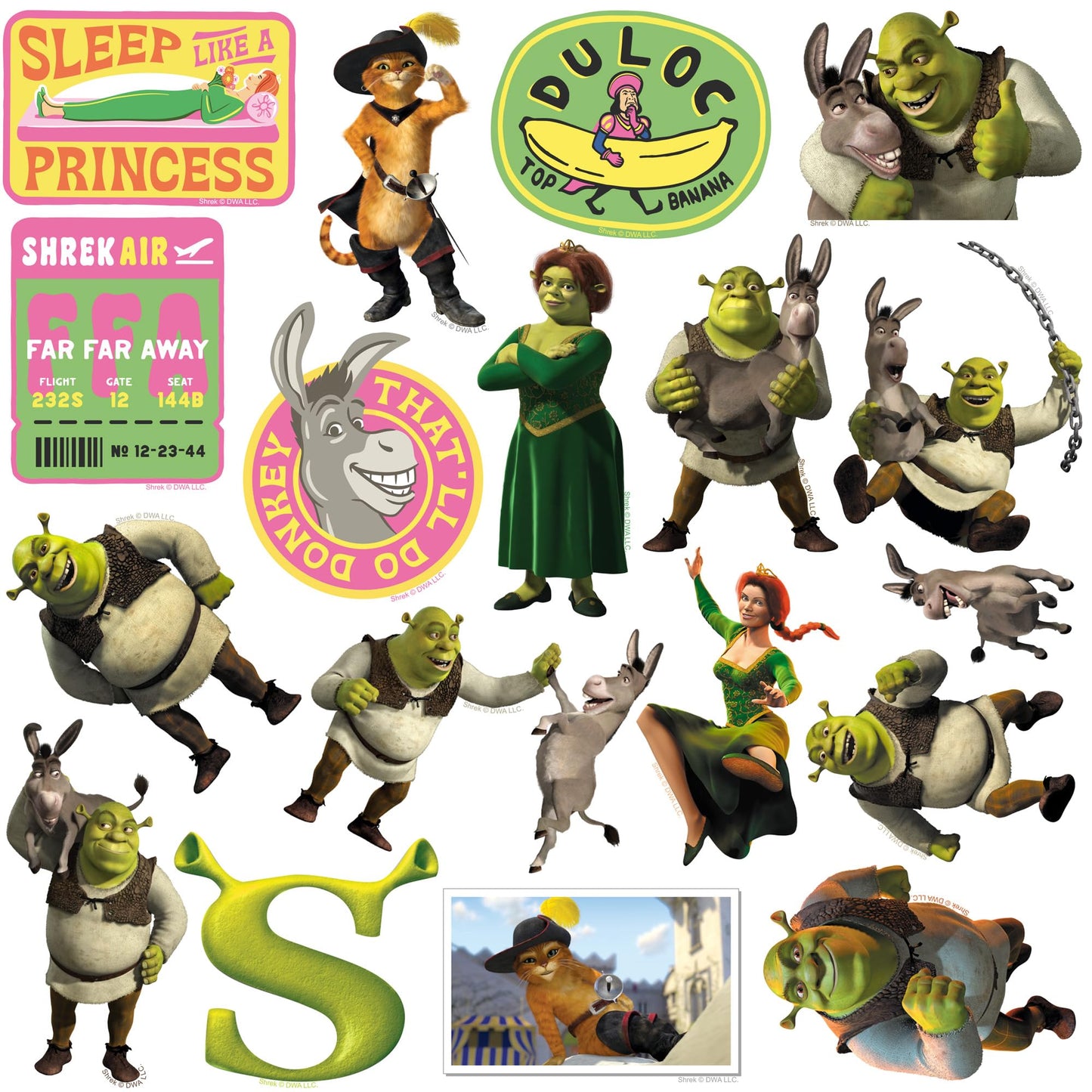 Shrek 2 50er-Pack große Deluxe-Vinyl-Aufkleber – Sortiment für Laptop, Wasserflasche, Scrapbooking, Tablet, Skateboard, drinnen und draußen