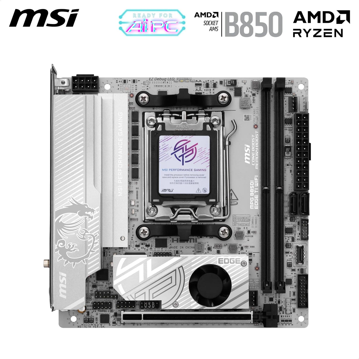 MSI MPG B850I Edge TI WiFi Mainboard, ATX – Unterstützt AMD Ryzen 9000/8000/7000 Prozessoren, AM5-90A SPS VRM, DDR5 Memory Boost (8200+ MT/s OC), PCIe 5.0 x16, M.2 Gen5, Wi-Fi 7, 5G LAN
