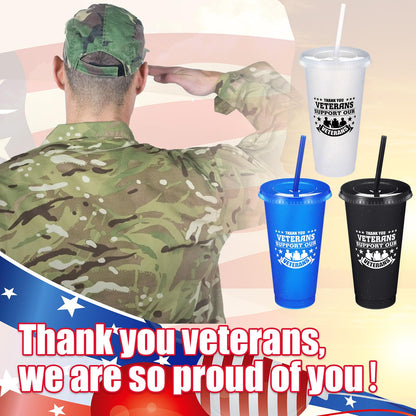 Skylety 24 Pcs Veterans Appreciation Gift 24 oz Support Our Veterans Day Gifts Plastic Coffee Cups with Straws and Lids Team Gift for Birthday Military Memorial Day