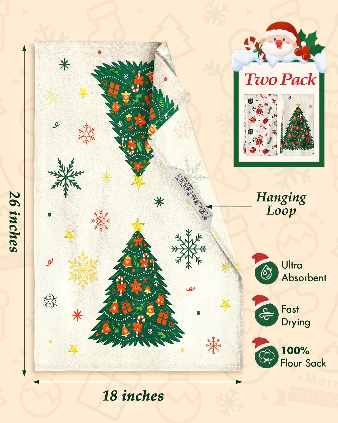Miss Adola Küchentücher aus Mehlsackstoff – 2er-Set, 45,7 x 66 cm, dekoratives Geschirrtuch mit Weihnachtsmotiven und Weihnachtsbaum-Dekor, ideal zum Verschenken