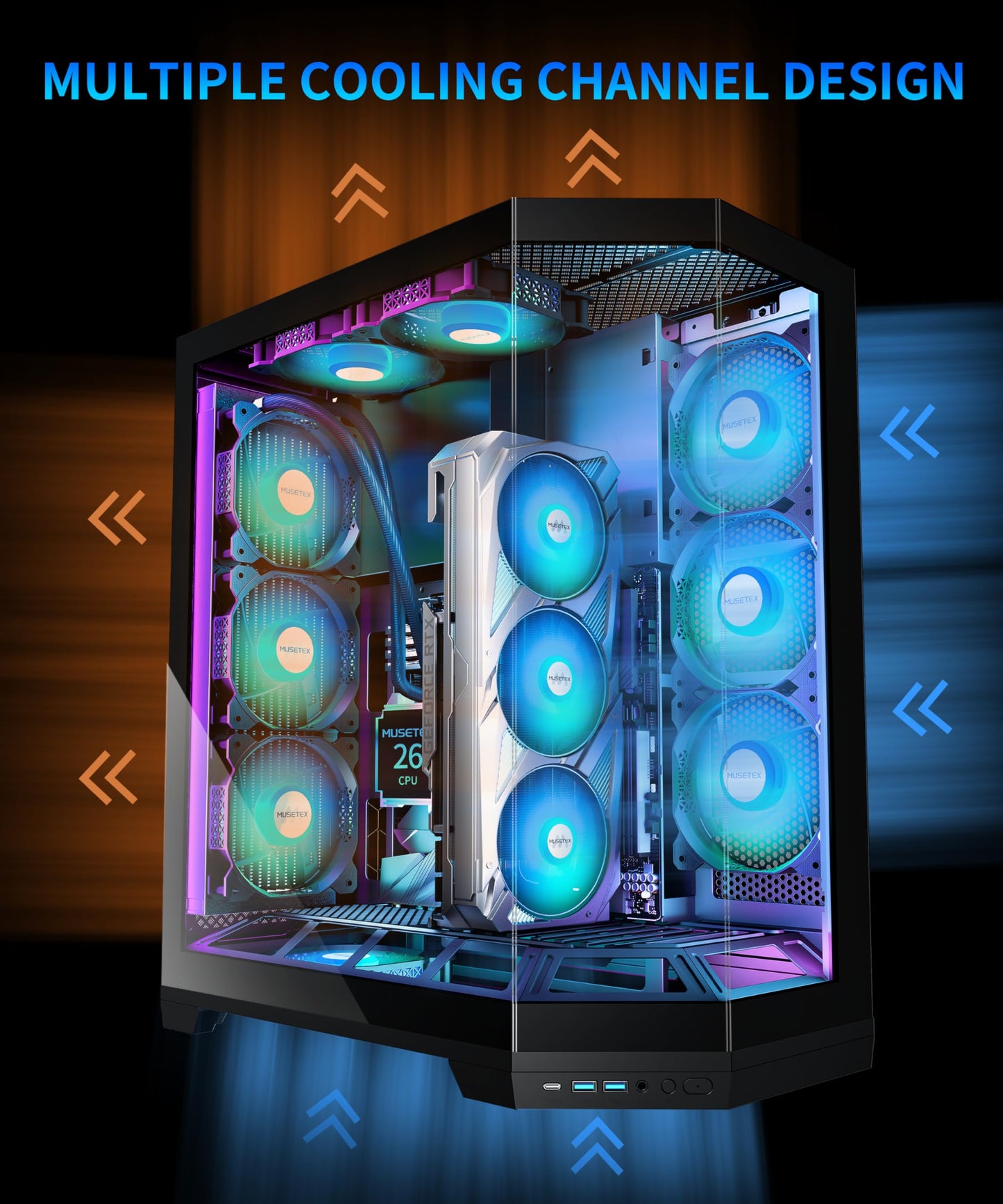 MUSETEX PC-Gehäuse, vertikale GPU-Montage, 5 vorinstallierte PWM-ARGB-Lüfter, Unterstützung für 360-mm-Radiatoren, ATX-Midi-Tower-Gaming-PC-Gehäuse mit USB-C-Anschluss, 270°-Vollbild-Seitenwand aus gehärtetem Glas, Schwarz, GR3