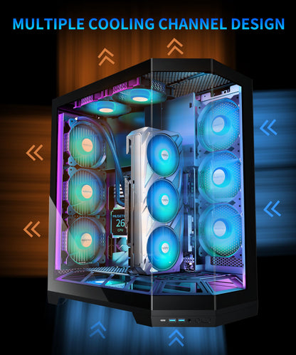 MUSETEX PC-Gehäuse, vertikale GPU-Montage, 5 vorinstallierte PWM-ARGB-Lüfter, Unterstützung für 360-mm-Radiatoren, ATX-Midi-Tower-Gaming-PC-Gehäuse mit USB-C-Anschluss, 270°-Vollbild-Seitenwand aus gehärtetem Glas, Schwarz, GR3