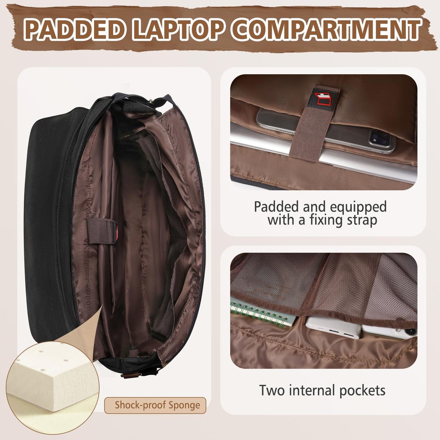 RAINSMORE Messenger Bag für Herren, 15,6–17,3 Zoll Laptoptasche, wasserabweisende Canvas-Aktentasche, große Computertasche, Schultertasche für Arbeit, Uni und Reisen, Schwarz