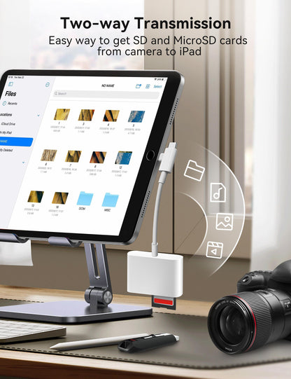 OPxjzws SD-Kartenleser für iPhone, SD-Kartenadapter mit Lightning- und USB-C-Dualanschlüssen, Plug &amp; Play, unterstützt microSD, SD und USB-A OTG, tragbarer Speicherkartenleser für Wildkameras, kompatibel mit iPhone, Mac, MacBook und iPad