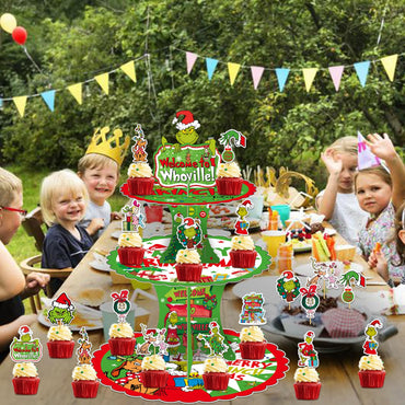 Tentaquil Green 3-stöckiger Cupcake-Ständer und 12 Cupcake-Topper, Weihnachts-Cupcake-Halter, Weihnachts-Cupcake-Dekorationen, Whoville-Weihnachtsdekorationen, Weihnachtsparty-Zubehör