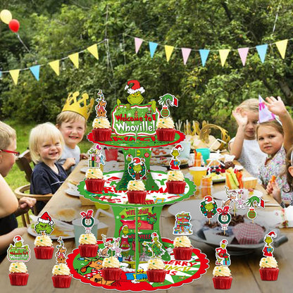 Tentaquil Green 3-stöckiger Cupcake-Ständer und 12 Cupcake-Topper, Weihnachts-Cupcake-Halter, Weihnachts-Cupcake-Dekorationen, Whoville-Weihnachtsdekorationen, Weihnachtsparty-Zubehör