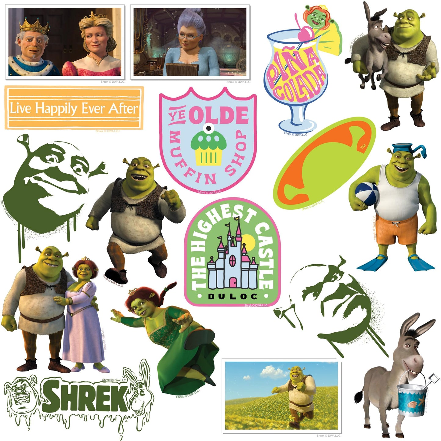 Shrek 2 50er-Pack große Deluxe-Vinyl-Aufkleber – Sortiment für Laptop, Wasserflasche, Scrapbooking, Tablet, Skateboard, drinnen und draußen