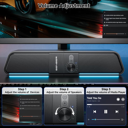 SENZER CS20 2-in-1 Bluetooth-Computerlautsprecher für Desktop-PCs, USB-Plug-&amp;-Play-Lautsprecher mit klarem Klang, RGB-Beleuchtung, Monitor-Soundbar mit Lautstärkeregler, Gaming-Lautsprecher für PC, Laptop, Smartphone und Tablet