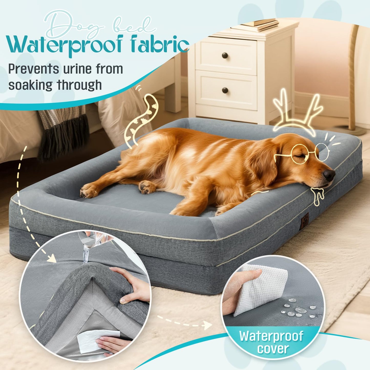 TaiBest Wasserdichte Memory-Schaum-Hundebetten für extra große Hunde, rutschfeste orthopädische Hundebetten, waschbares Sofa-Haustierbett mit abnehmbarem Bezug (Grau, X-Large)