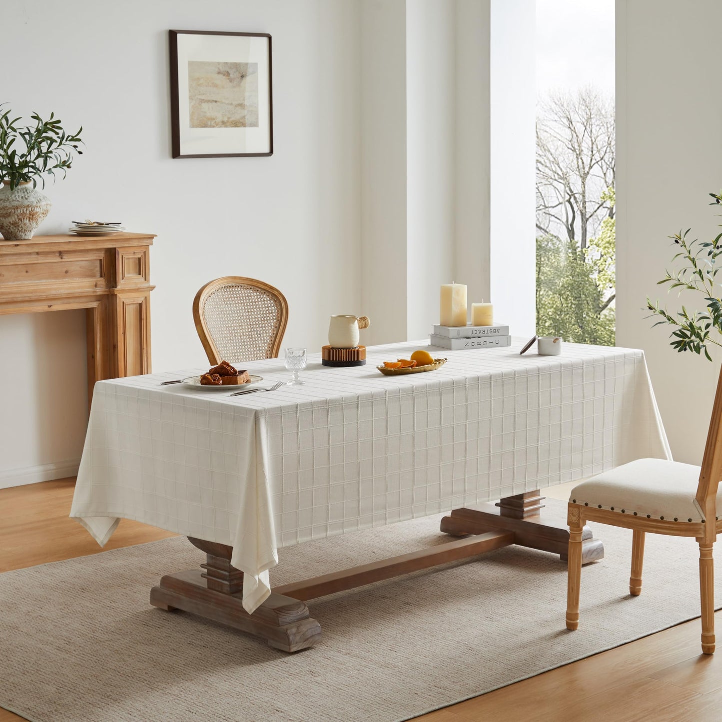 ZeeMart Leinentischdecke mit Karomuster, Landhausstil, bestickt, neutral, wasserabweisend, rechteckig, Elfenbein, 132 x 178 cm