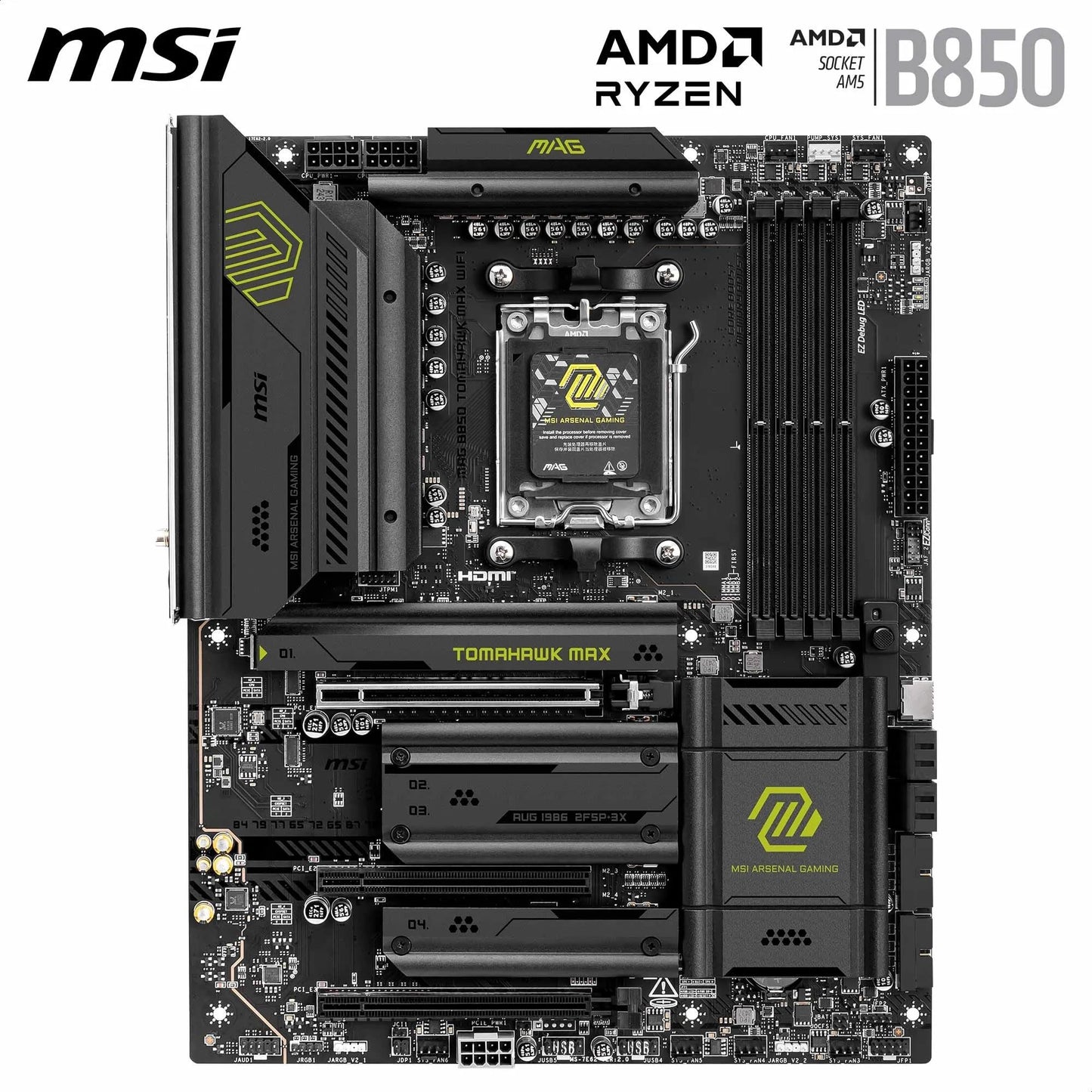 MSI MAG B850 Tomahawk MAX WiFi Motherboard, ATX - Supports AMD Ryzen 9000/8000 / 7000 Processors, AM5-80A SPS VRM, DDR5 Memory Boost 8400+ MT/s (OC), PCIe 5.0 x16, M.2 Gen5, Wi-Fi 7, 5G LAN