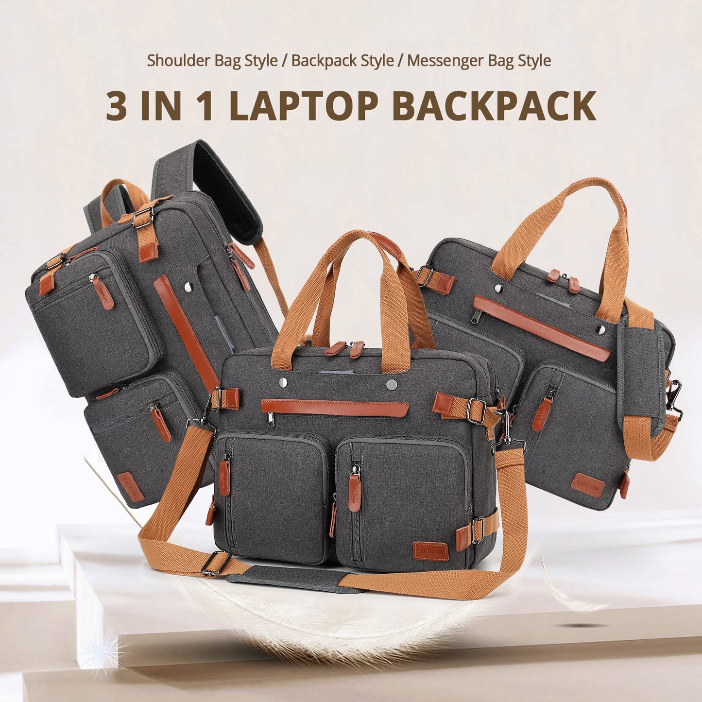 MOLNIA 3-in-1-Laptoptasche für Herren, 17,3-Zoll-Arbeitstasche für Herren, Laptop-Rucksack, Aktentasche, Umhängetasche, Computertasche für Laptops für Damen und Herren, Schwarz 
