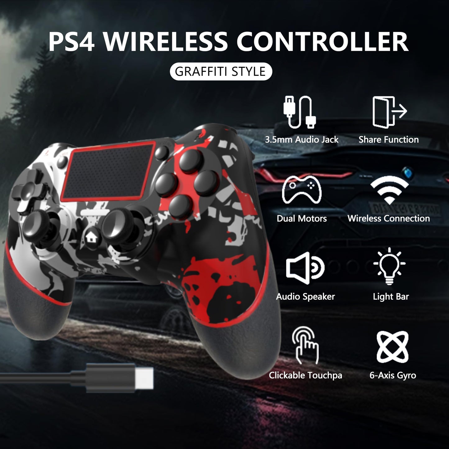 SZYUYU Wireless-Controller für PS4, kompatibel mit PS4/Slim/Pro/Windows-PC, Controller für PS4 mit 3,5-mm-Audioanschluss, Touchpad, Sechs-Achsen-Bewegungssteuerung, Ladekabel (Flammenweiß)