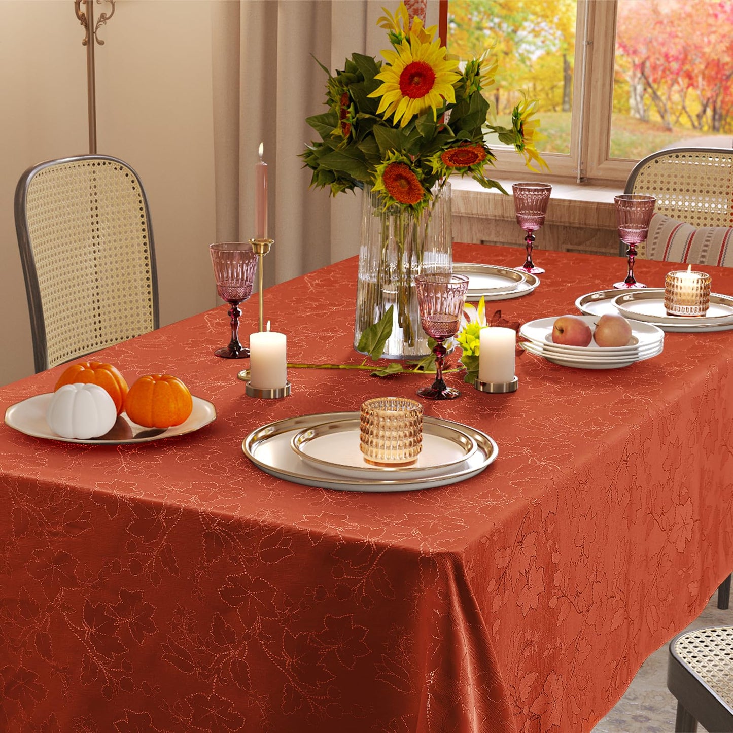 misaya Rectangle Thanksgiving Tablecloth, Waterproof Jacquard Fall Table Cloth, Damask Cloth Table Cover for Harvest Decor (60" x 84", Rust Maple Leaf)
