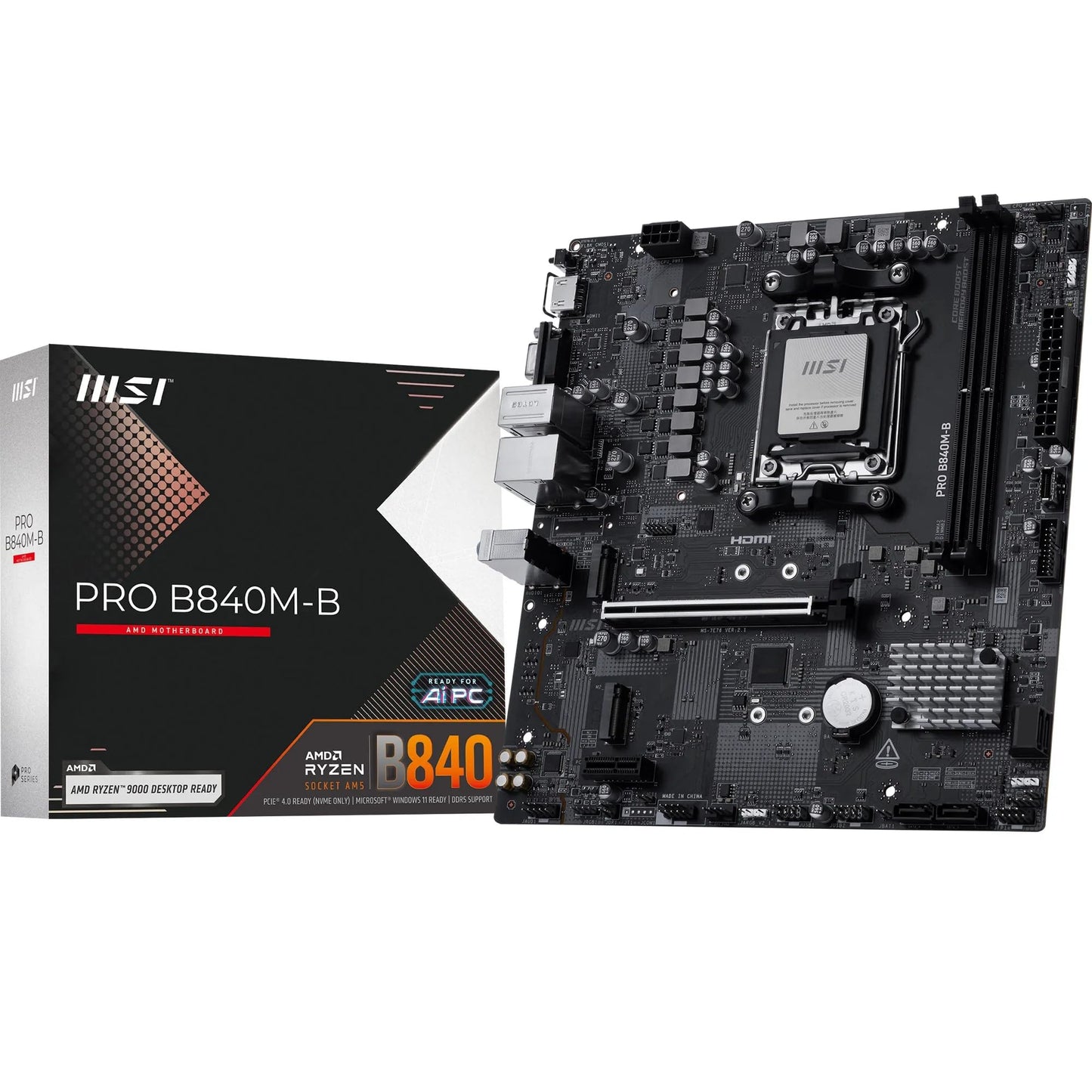 MSI PRO B840M-B Mainboard, mATX – Unterstützt AMD Ryzen 9000/8000/7000 Prozessoren, AM5 – DDR5-Speicher-Boost (übertaktbar auf über 8000 MT/s), PCIe 4.0 x16, M.2 Gen4, 2,5G LAN