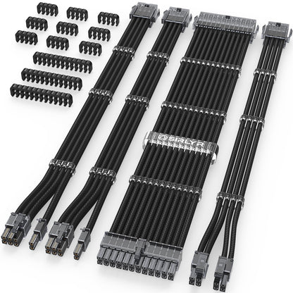 Sirlyr Transparentes Netzteil-Verlängerungsset für individuelle PC-Netzteile (16 AWG) mit 24-Pin-ATX-Anschluss, 1/8-Pin-EPS-Anschluss und 2 vergoldeten 8-Pin-PCIe-Anschlüssen, weiches, nylonummanteltes schwarzes Kabel.
