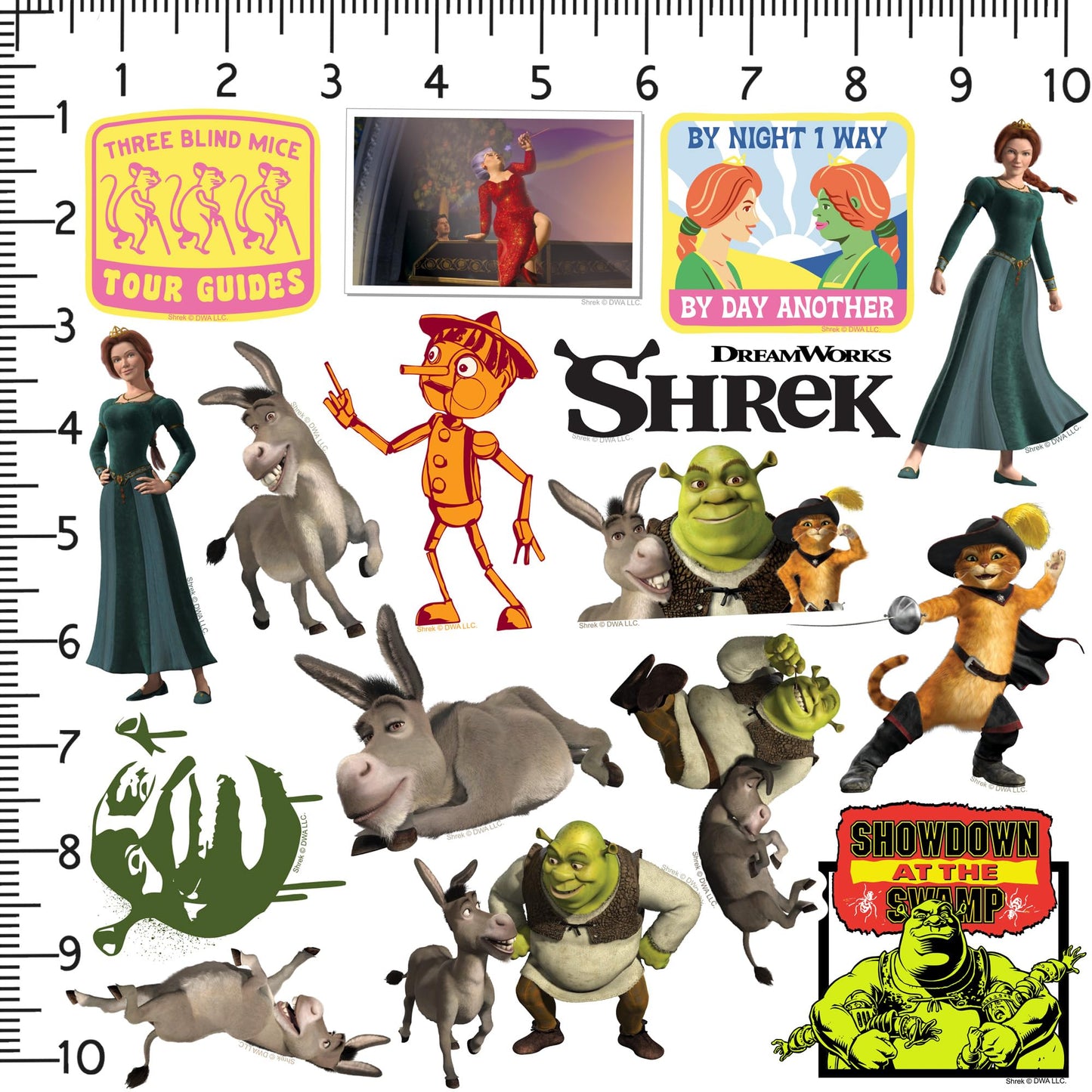 Shrek 2 50er-Pack große Deluxe-Vinyl-Aufkleber – Sortiment für Laptop, Wasserflasche, Scrapbooking, Tablet, Skateboard, drinnen und draußen