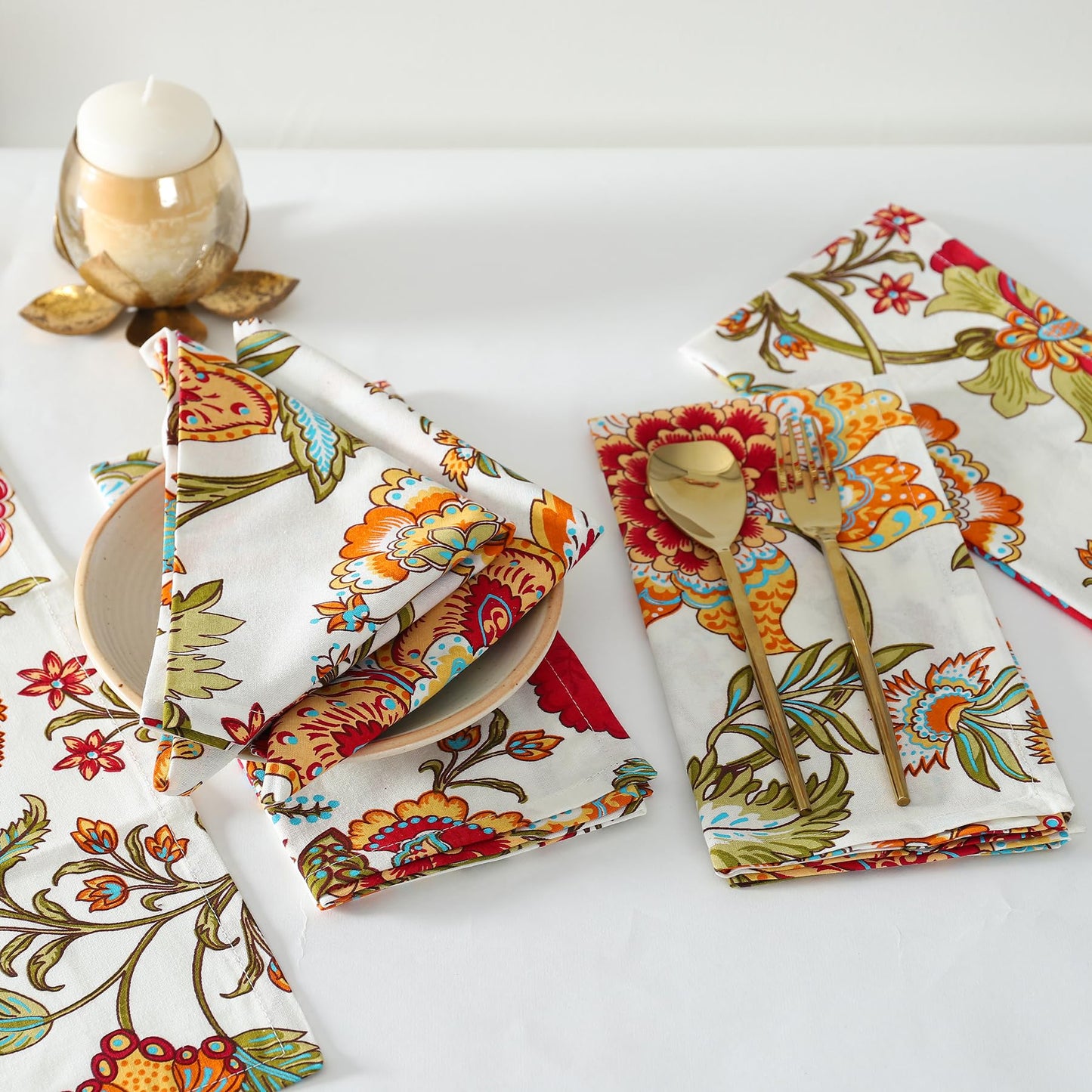 TARAN LIVING Servietten, Herbstmotiv, bedruckte Baumwolle, wiederverwendbares Boho-Servietten-Set, waschbar, ideal als Geschenk, für Zuhause, Hotel oder Silvesterpartys – Kaveri – 6er-Set, 50 x 50 cm