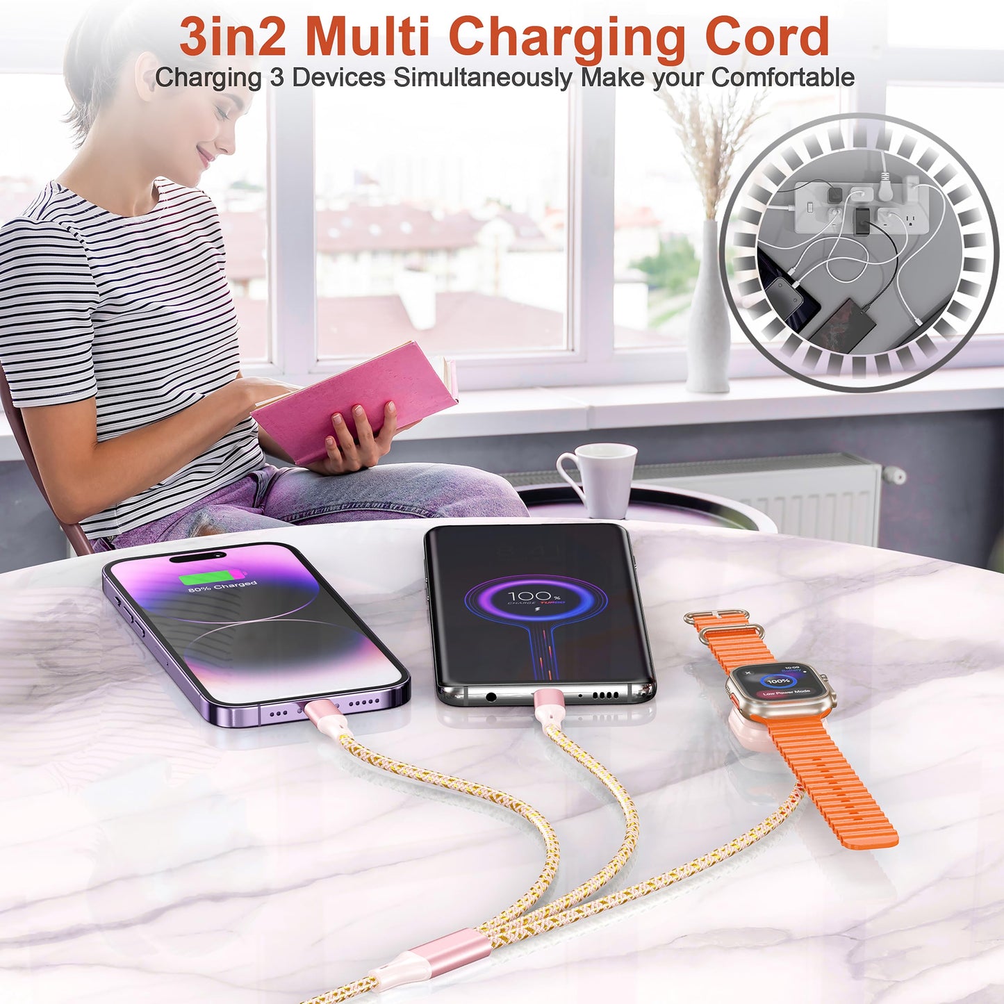 Multi-Ladekabel für Apple Watch, 1,8 m langes 3-in-1-Ladekabel für iPhone und Apple Watch, USB-A/C-auf-USB-C/Lightning-Kabel für iWatch Ultra/SE/10-2, iPhone 16-5s, iPad und Android-Smartphones