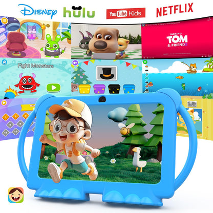 PEICHENG Kids Tablet 7 inch Android 12.0 for Toddler, 4GB RAM 32GB ROM Bluetooth IPS Screen Parental Control Dual Camera Shockproof Case for Educational Games, (Blue)