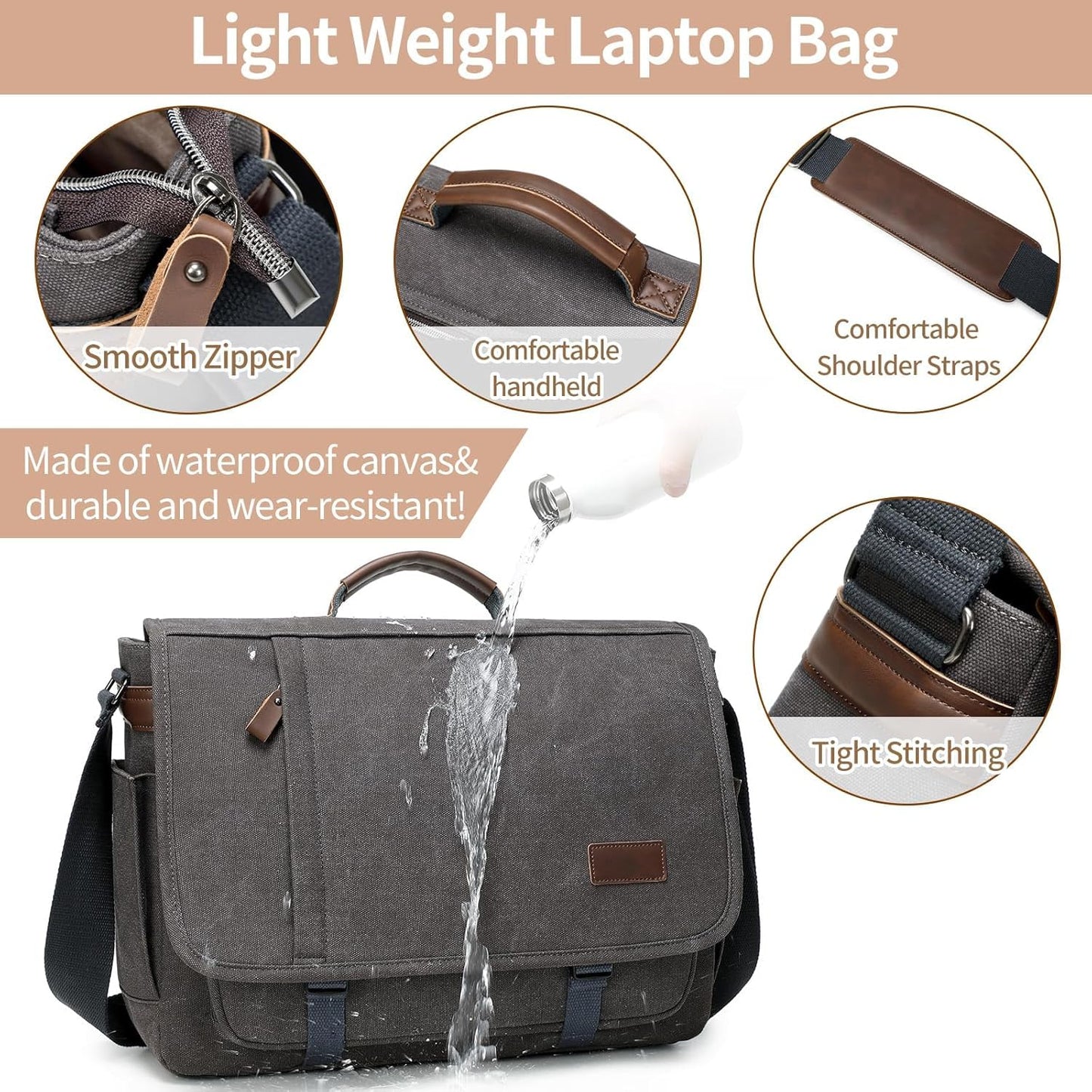 PPOBOW Canvas Messenger Bag für Herren, wasserdichte Business-Tasche für Herren, Vintage Canvas Laptoptasche (Grau)
