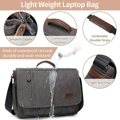 PPOBOW Canvas Messenger Bag für Herren, wasserdichte Business-Tasche für Herren, Vintage Canvas Laptoptasche (Grau)