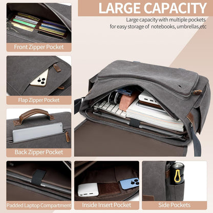 PPOBOW Canvas Messenger Bag für Herren, wasserdichte Business-Tasche für Herren, Vintage Canvas Laptoptasche (Grau)