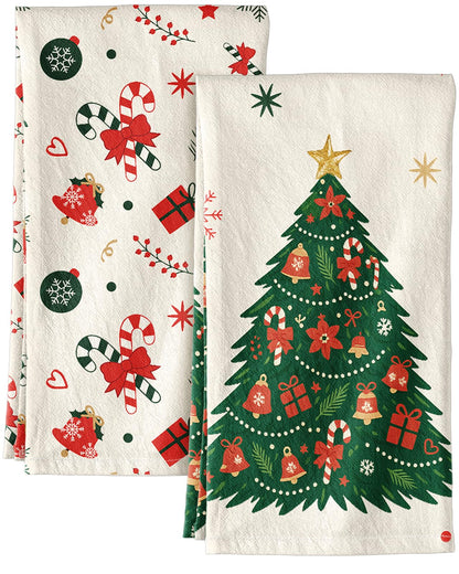 Miss Adola Küchentücher aus Mehlsackstoff – 2er-Set, 45,7 x 66 cm, dekoratives Geschirrtuch mit Weihnachtsmotiven und Weihnachtsbaum-Dekor, ideal zum Verschenken