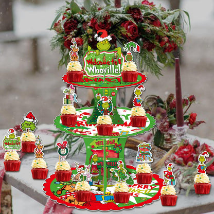Tentaquil Green 3-stöckiger Cupcake-Ständer und 12 Cupcake-Topper, Weihnachts-Cupcake-Halter, Weihnachts-Cupcake-Dekorationen, Whoville-Weihnachtsdekorationen, Weihnachtsparty-Zubehör