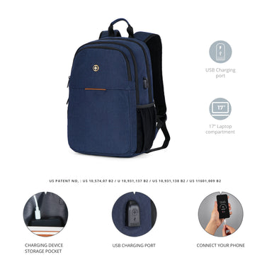 Swissdigital Design College 17-Zoll-Laptop-Rucksack, schlanker Business-Reise-Laptop-Rucksack mit USB-Ladeanschluss für Damen- und Herren-Laptops, Dunkelblau (BIBERSTEIN SD1636-12)