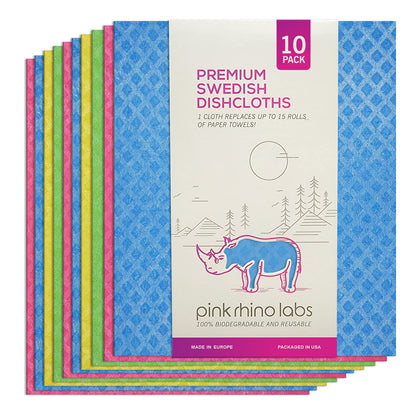 PINK RHINO LABS Schwedische Geschirrtücher – Umweltfreundliche, wiederverwendbare Küchentücher – 10er-Pack Reinigungstücher für Geschirr, Arbeitsflächen und Oberflächen – Super saugfähig, kompostierbar, Zero-Waste-Alternative