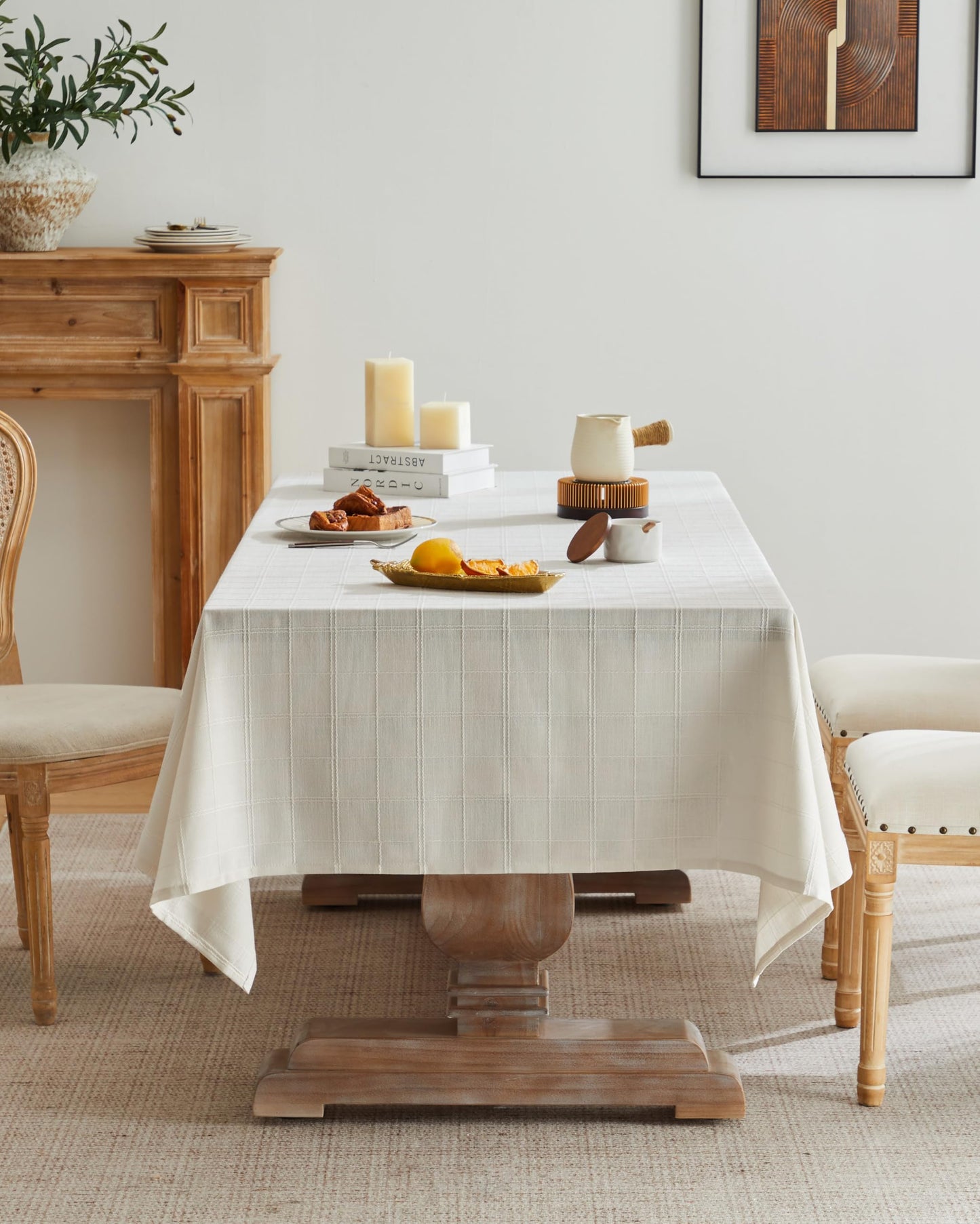 ZeeMart Leinentischdecke mit Karomuster, Landhausstil, bestickt, neutral, wasserabweisend, rechteckig, Elfenbein, 132 x 178 cm