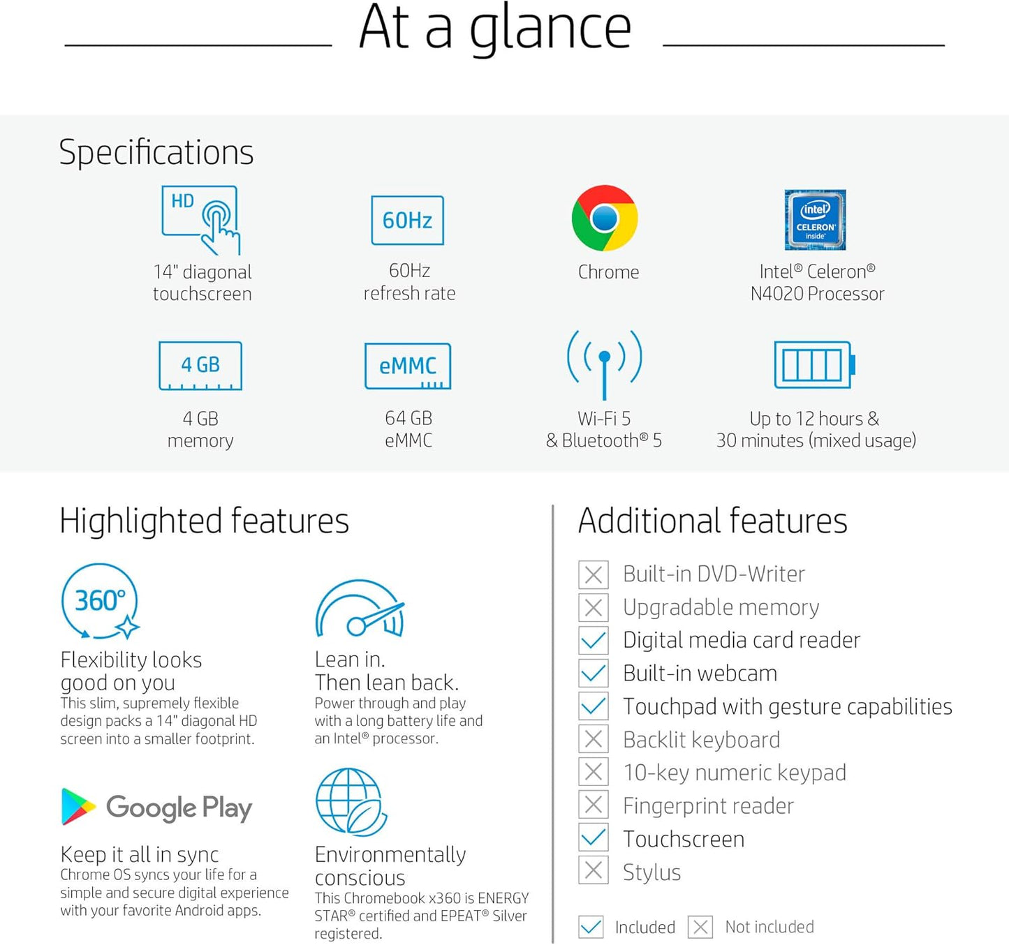 HP Laptop X360 14a- 14" Chromebook, HD Touchscreen, Intel Celeron N4020, 4GB LPDDR4 RAM, 64GB eMMC, WiFi, Webcam, BO Speakers, Bluetooth 4.2, Chrome Blue (Renewed)