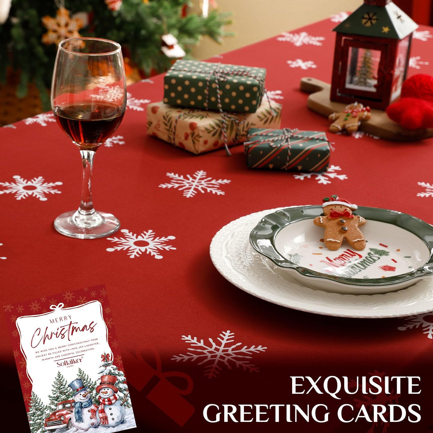 Softalker Weihnachtstischdecke, rechteckig, 152 x 213 cm, Winterliches Weihnachtsmotiv mit Schneemann und LKW, rote Tischdecke, fleckenabweisende Tischdecke im Landhausstil für Feiertage, Abendessen und Partys