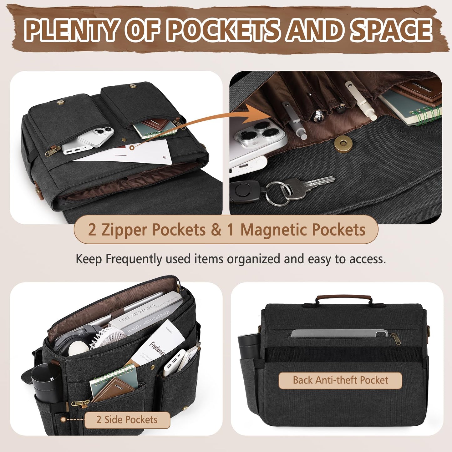 RAINSMORE Messenger Bag für Herren, 15,6–17,3 Zoll Laptoptasche, wasserabweisende Canvas-Aktentasche, große Computertasche, Schultertasche für Arbeit, Uni und Reisen, Schwarz