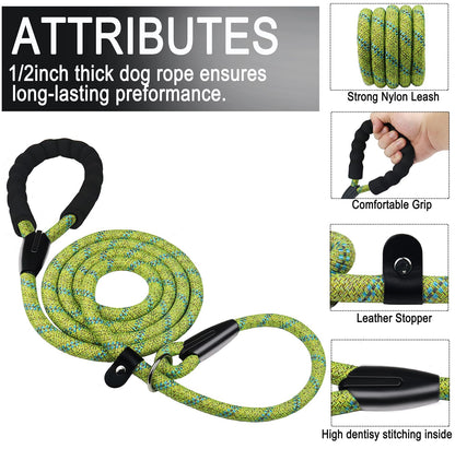 Hundeleine, 1,8 m lange, robuste Hundeleine, strapazierfähige Premium-Qualität, starke Seil-Schlupfleine mit komfortablem, gepolstertem Griff und hochreflektierenden Fäden für kleine, mittlere und große Hunde, (Schwarz) 