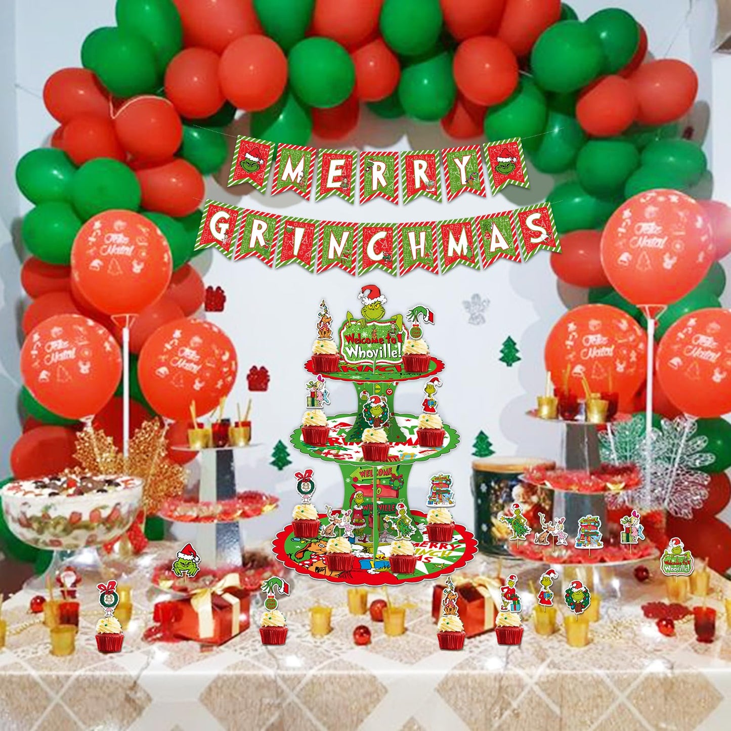 Tentaquil Green 3-stöckiger Cupcake-Ständer und 12 Cupcake-Topper, Weihnachts-Cupcake-Halter, Weihnachts-Cupcake-Dekorationen, Whoville-Weihnachtsdekorationen, Weihnachtsparty-Zubehör