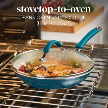 Rachael Ray Cucina Ceramic Cookware Set - 13 Pieces - Ceramic Pots and Pans Set w/Nonstick Frying Pans, Saute Pan, Saucepans, Stockpot, Lids, Pan Protectors & Cooking Utensils - Marine Blue