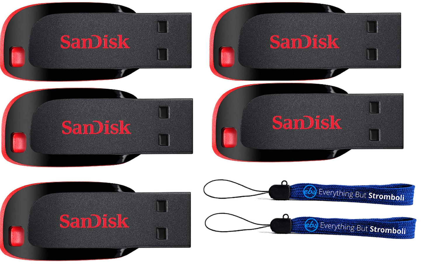 SanDisk (5er-Pack) Cruzer Blade 64 GB USB Typ-A 2.0 Compact Flash-Laufwerk, kompatibel mit Laptops und Desktop-Computern SDCZ50-064G-B35 – im Set mit (2) Everything But Stromboli Lanyards