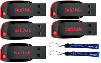 SanDisk (5er-Pack) Cruzer Blade 64 GB USB Typ-A 2.0 Compact Flash-Laufwerk, kompatibel mit Laptops und Desktop-Computern SDCZ50-064G-B35 – im Set mit (2) Everything But Stromboli Lanyards