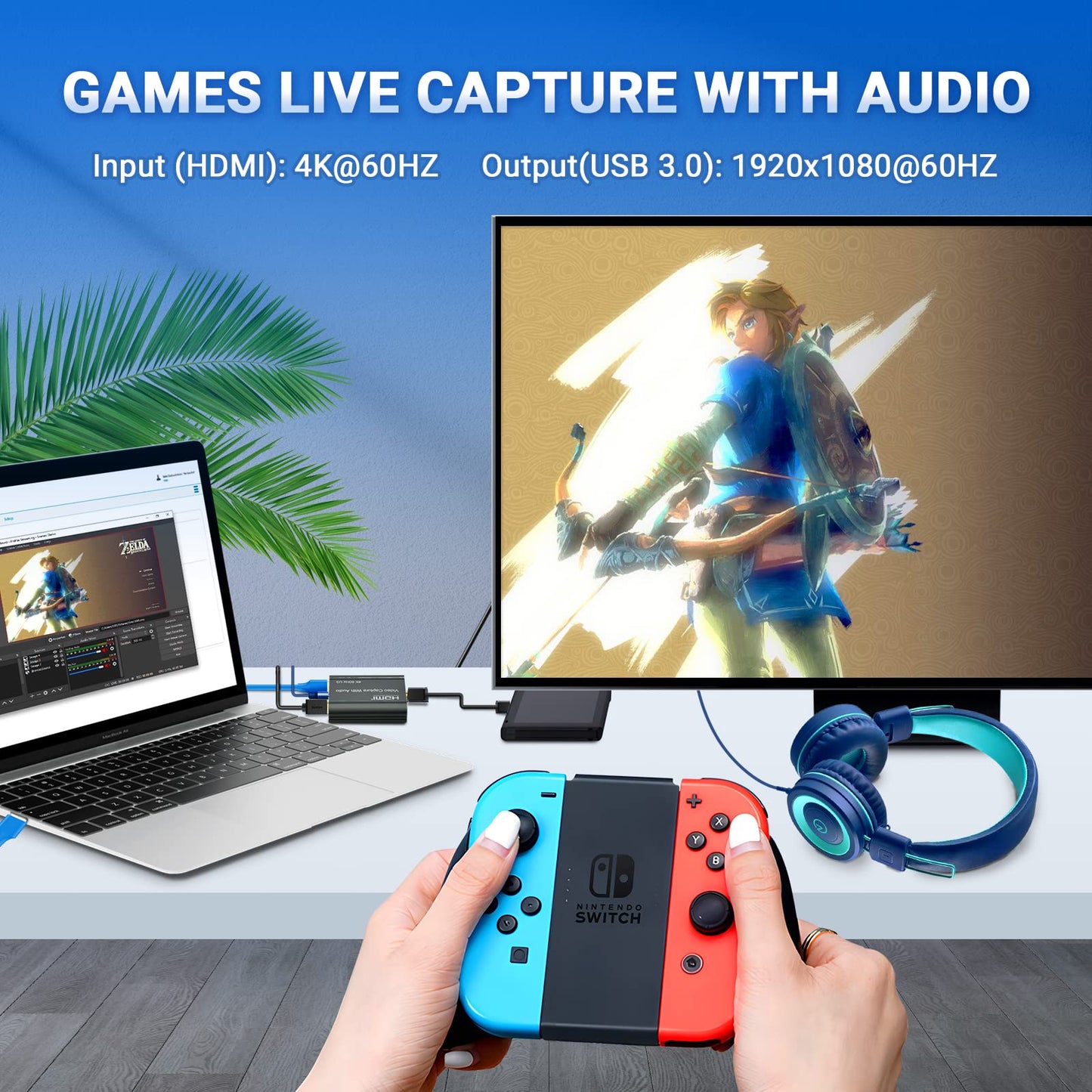 ORIVISION 4K-Videoaufnahmekarte, HDMI auf USB 3.0 mit Loopout für Nintendo Switch, 1080p 60fps-Spielaufnahmegerät mit Audioausgang für Streaming, Xbox/PS4/PS5/PC, VLC/OBS/Amcap