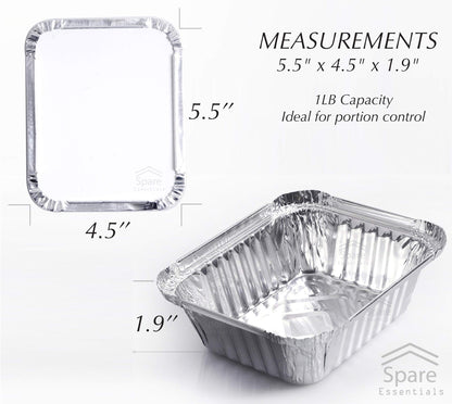 Spare Essentials 55er-Pack – Kleine Folienschalen mit Deckel – Lebensmittelbehälter zum Mitnehmen mit Deckel, 450 g Mini-Aluminiumschalen, gefriergeeignet, hitzebeständige Aluminium-Behälter für die Essenszubereitung, 14 x 11,5 x 4,8 cm