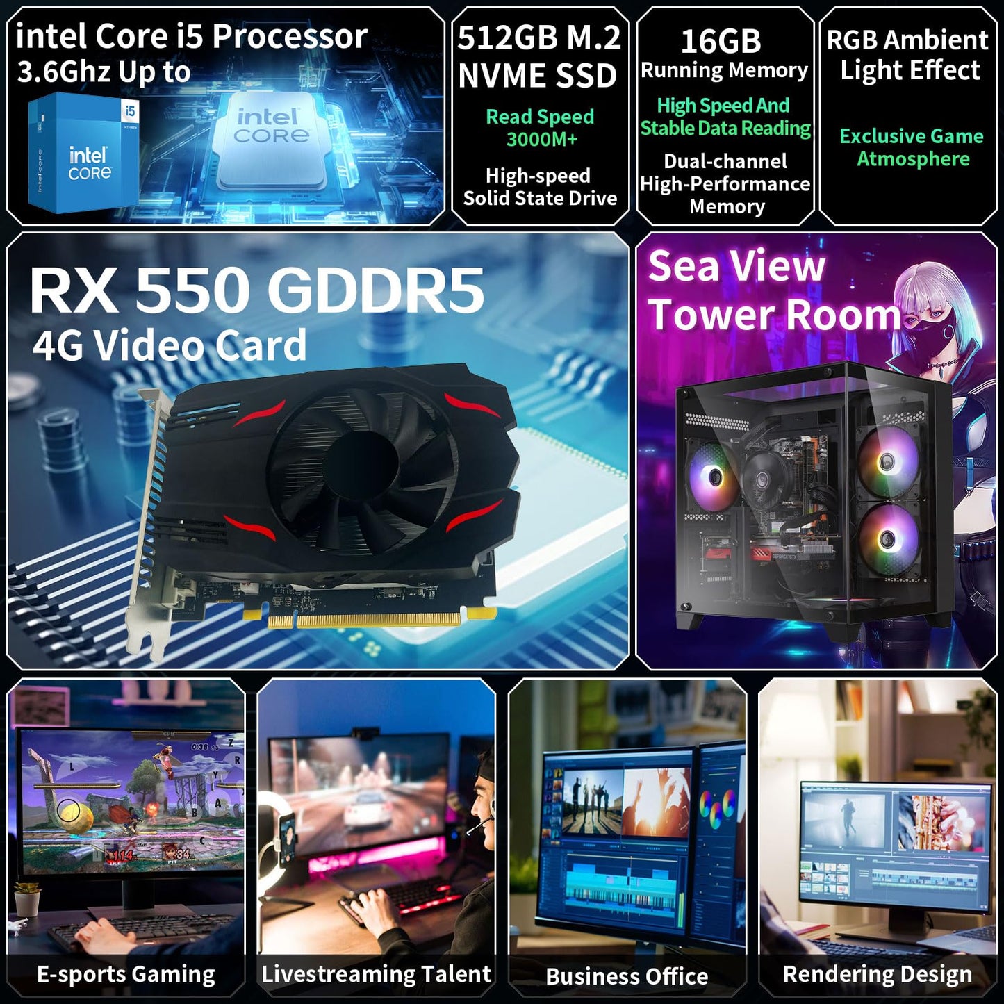Vorkonfigurierter Gaming-PC, Intel Core i5 Desktop-Prozessor (3,2–3,6 GHz), RX550-Grafikkarte (4 GB GDDR5-Videospeicher), 16 GB RAM, 512 GB NVMe SSD, Wi-Fi 5, 4 RGB-Lüfter, Windows 11
